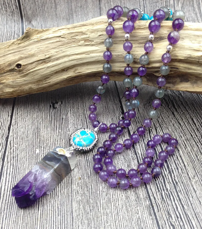 108 Mala Natural Amethyst Sea Sediment Knotted Long Necklace