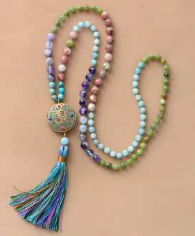 108 Mala Natural Turquoise Jade Long Tassel Necklace