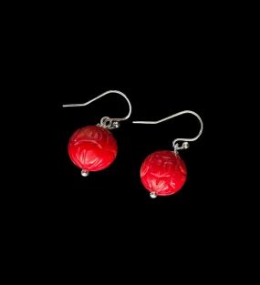 12mm Carved Coral Sterling Silver Hook Dangler Earring-1pair