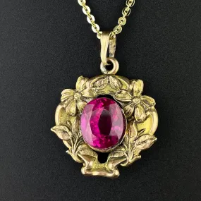 14K Gold Art Nouveau Forget Me Not Ruby Pendant Necklace