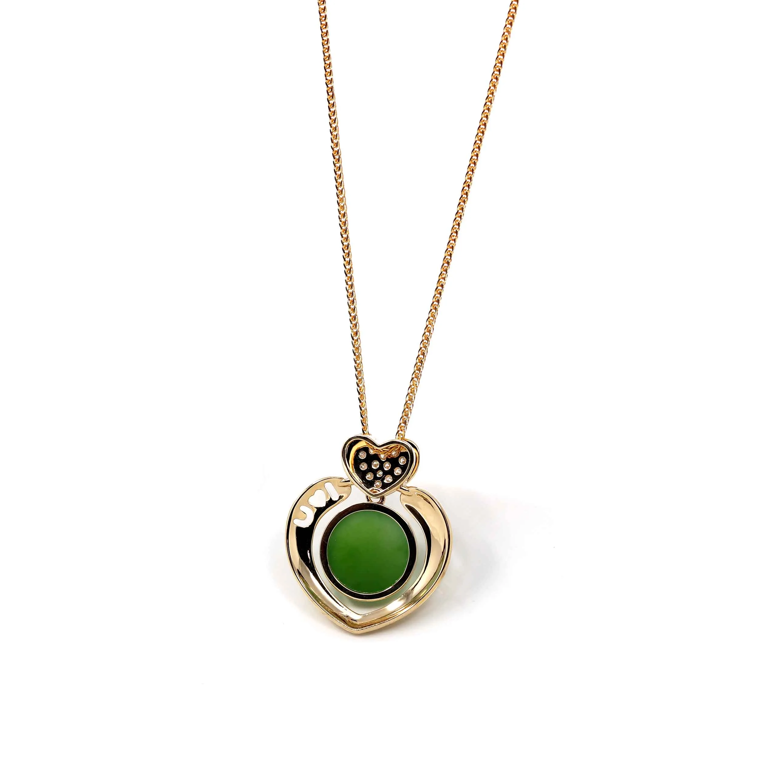 14K Gold Genuine Green Apple Green Jade Love Pendant Necklace With VS1 Diamond