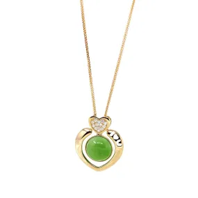 14K Gold Genuine Green Apple Green Jade Love Pendant Necklace With VS1 Diamond