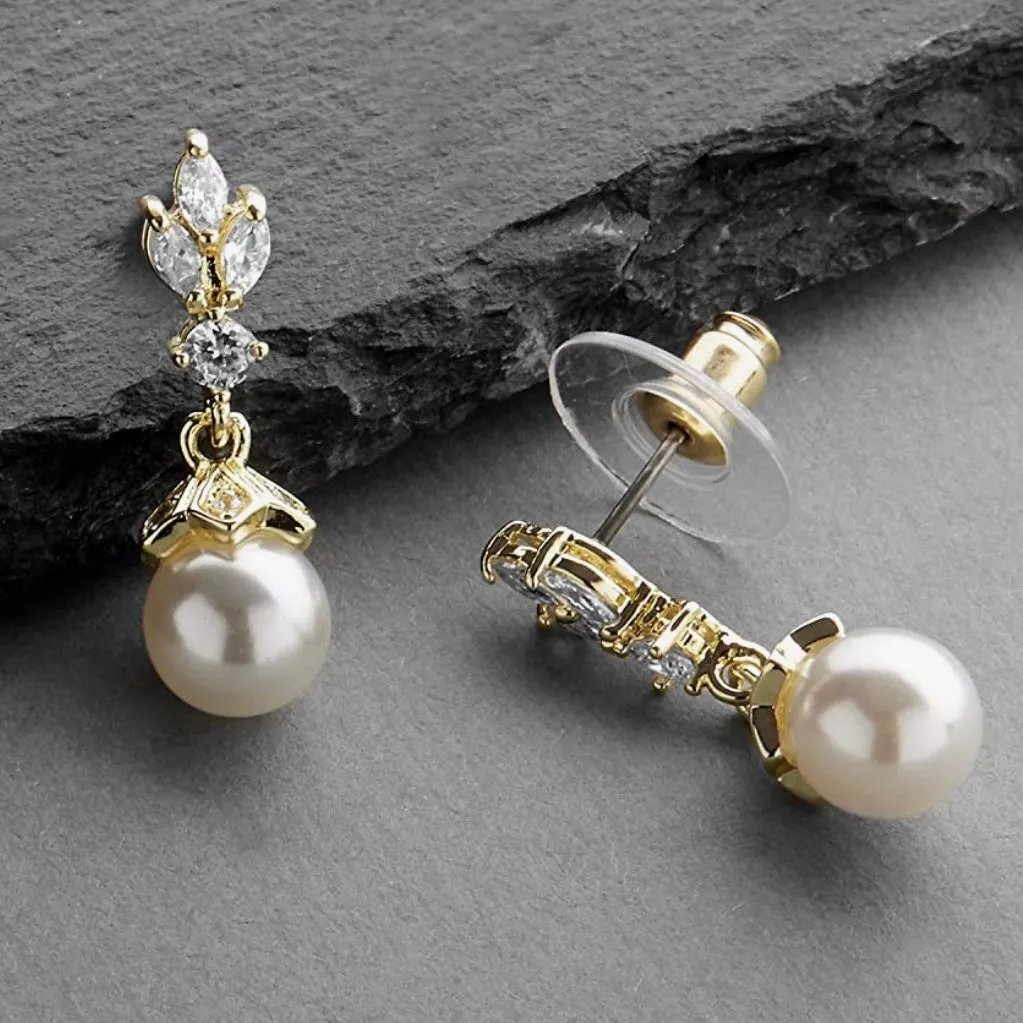 14K Gold Plated Pearl Drop Wedding Earrings for Brides with Marquis CZ