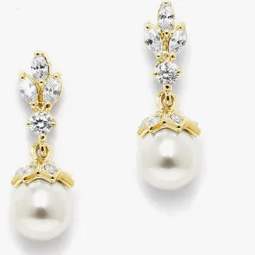 14K Gold Plated Pearl Drop Wedding Earrings for Brides with Marquis CZ