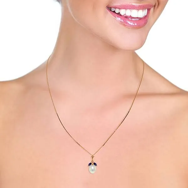 14K Solid Rose Gold Necklace w/ Natural Pearl & Sapphires