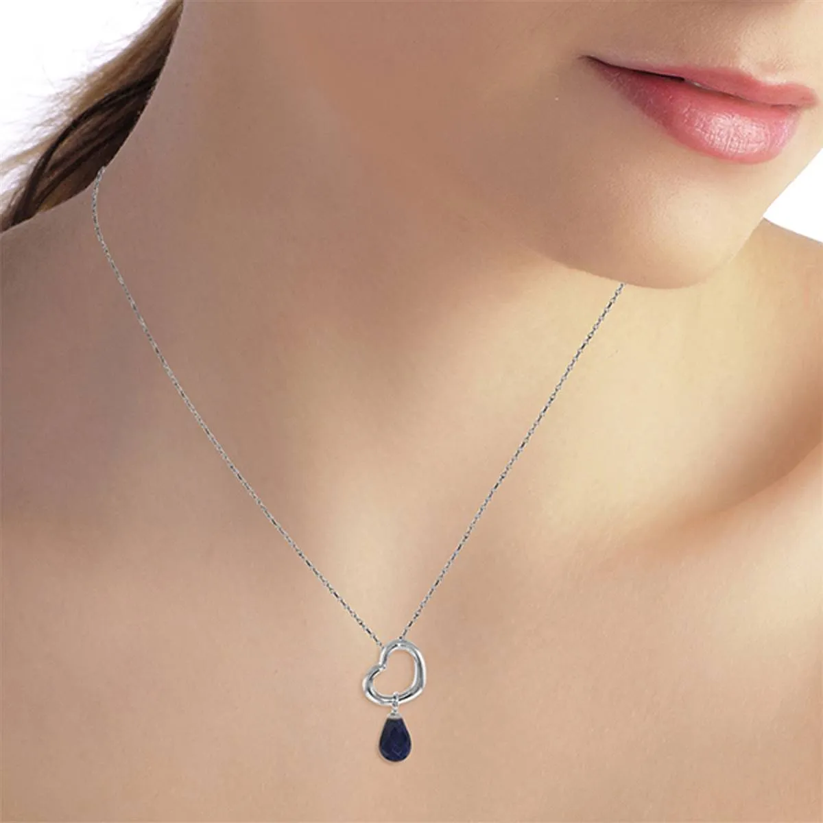 14K Solid White Gold Heart Necklace w/ Dangling Natural Sapphire