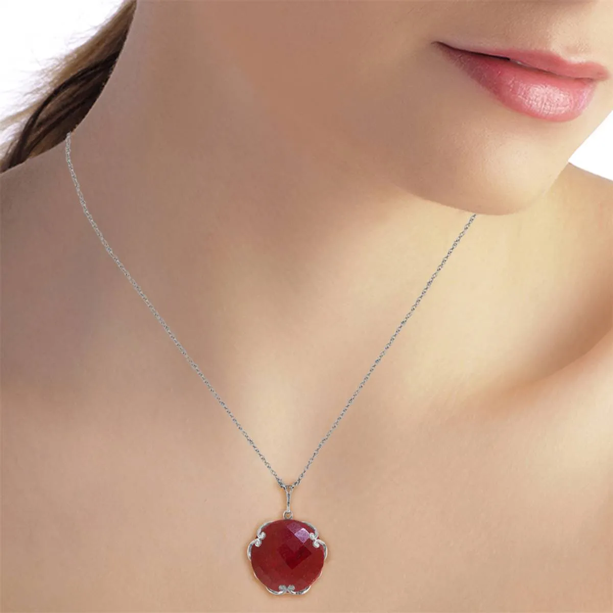 14K Solid White Gold Necklace w/ Checkerboard Cut Round Dyed Ruby