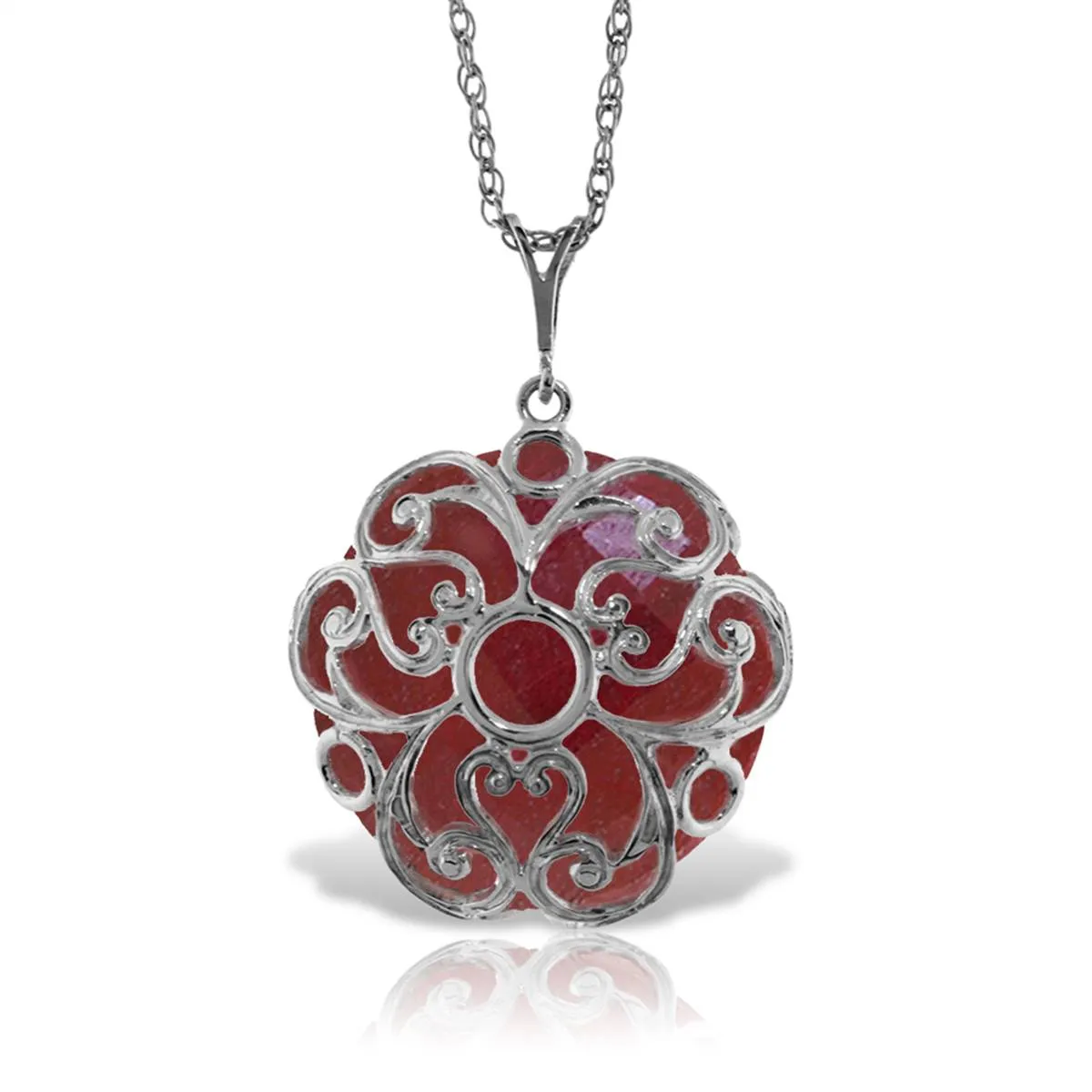 14K Solid White Gold Necklace w/ Checkerboard Cut Round Dyed Ruby