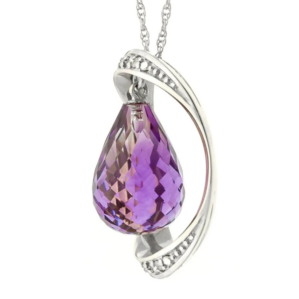 14K Solid White Gold Necklace w/ Natural Briolette Amethyst & Diamonds