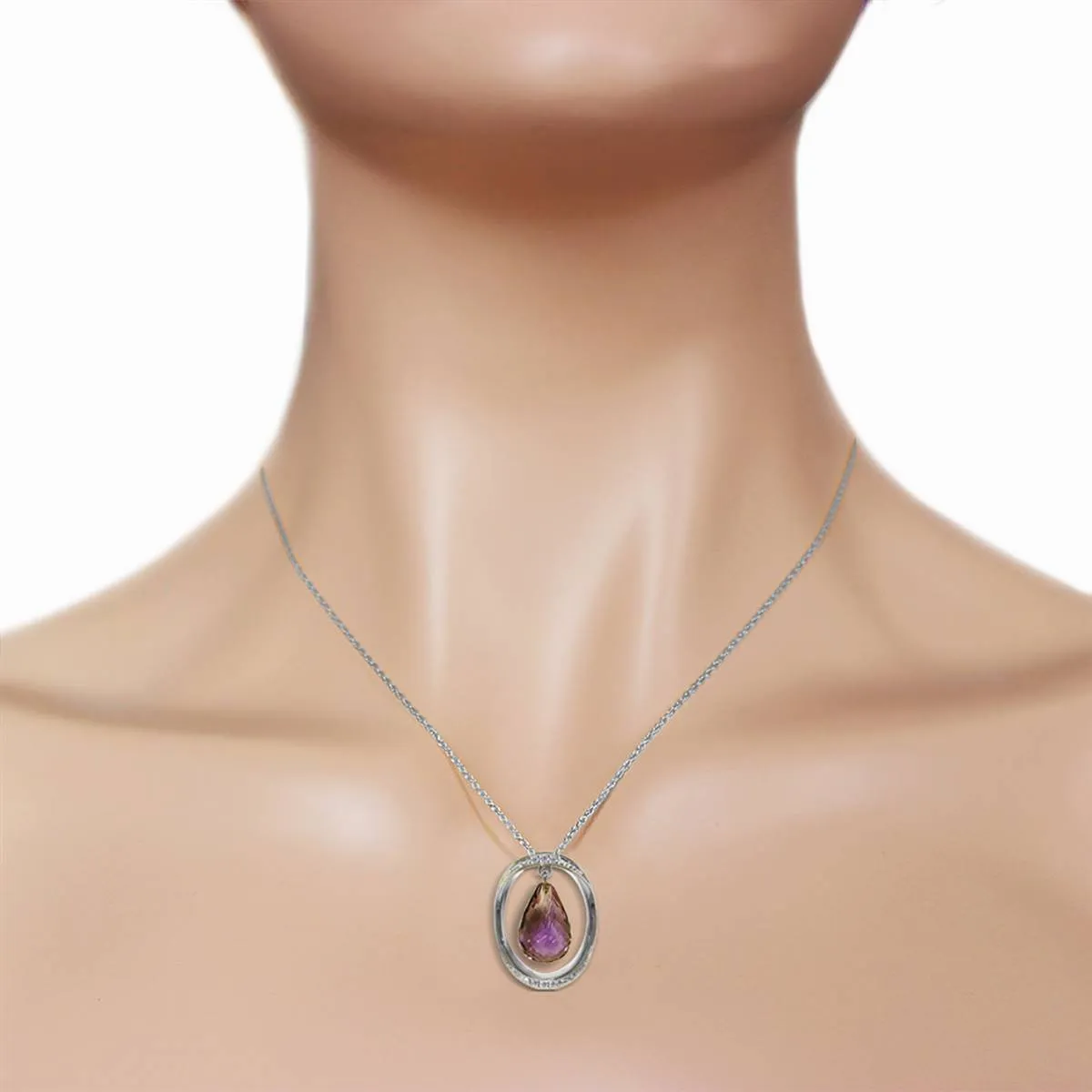 14K Solid White Gold Necklace w/ Natural Briolette Amethyst & Diamonds