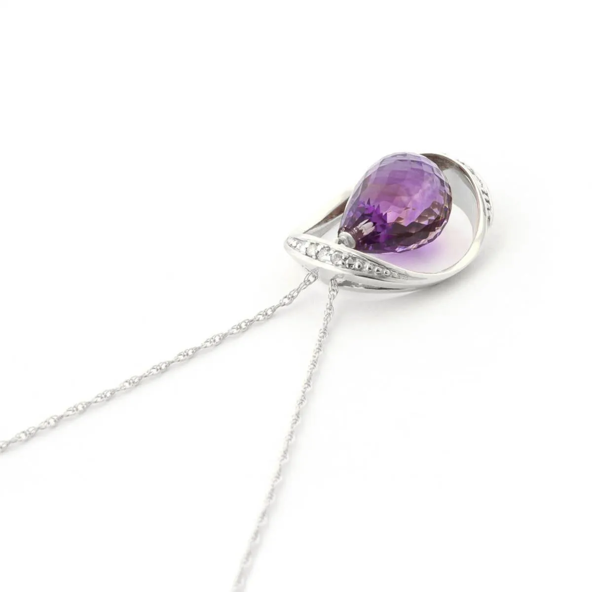 14K Solid White Gold Necklace w/ Natural Briolette Amethyst & Diamonds