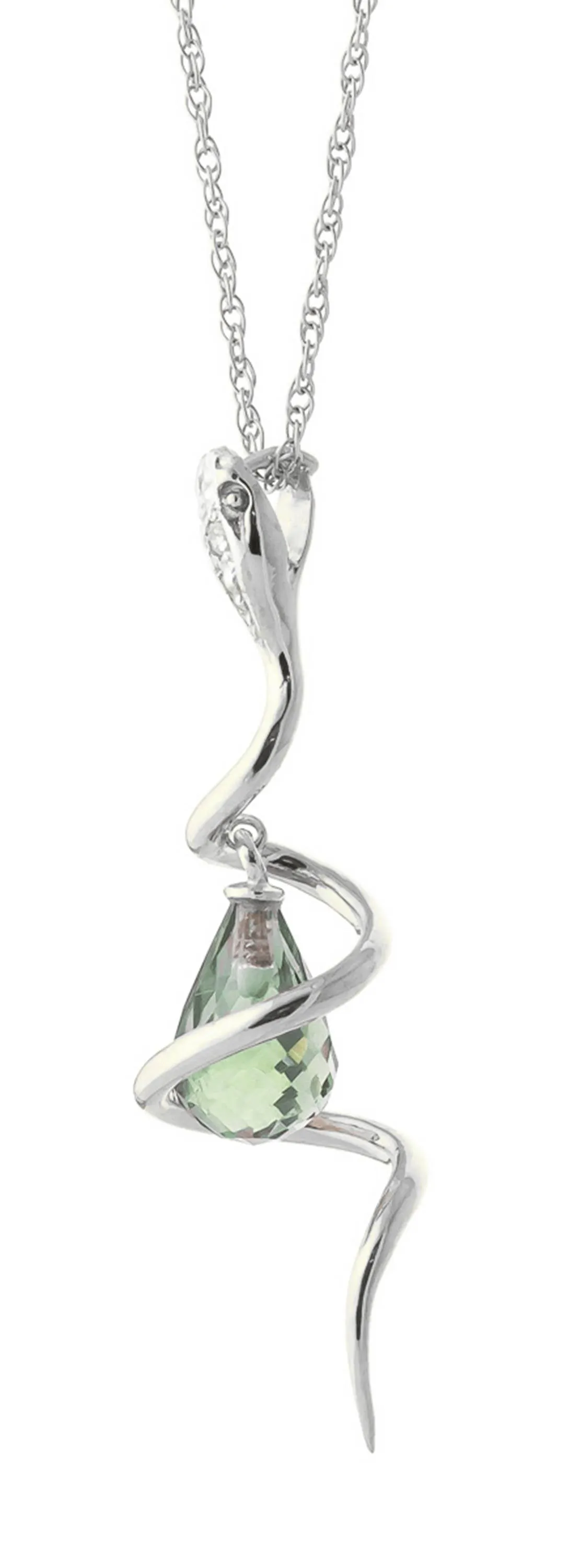 14K Solid White Gold Snake Necklace w/ Dangling Briolette Green Amethyst & Diamond