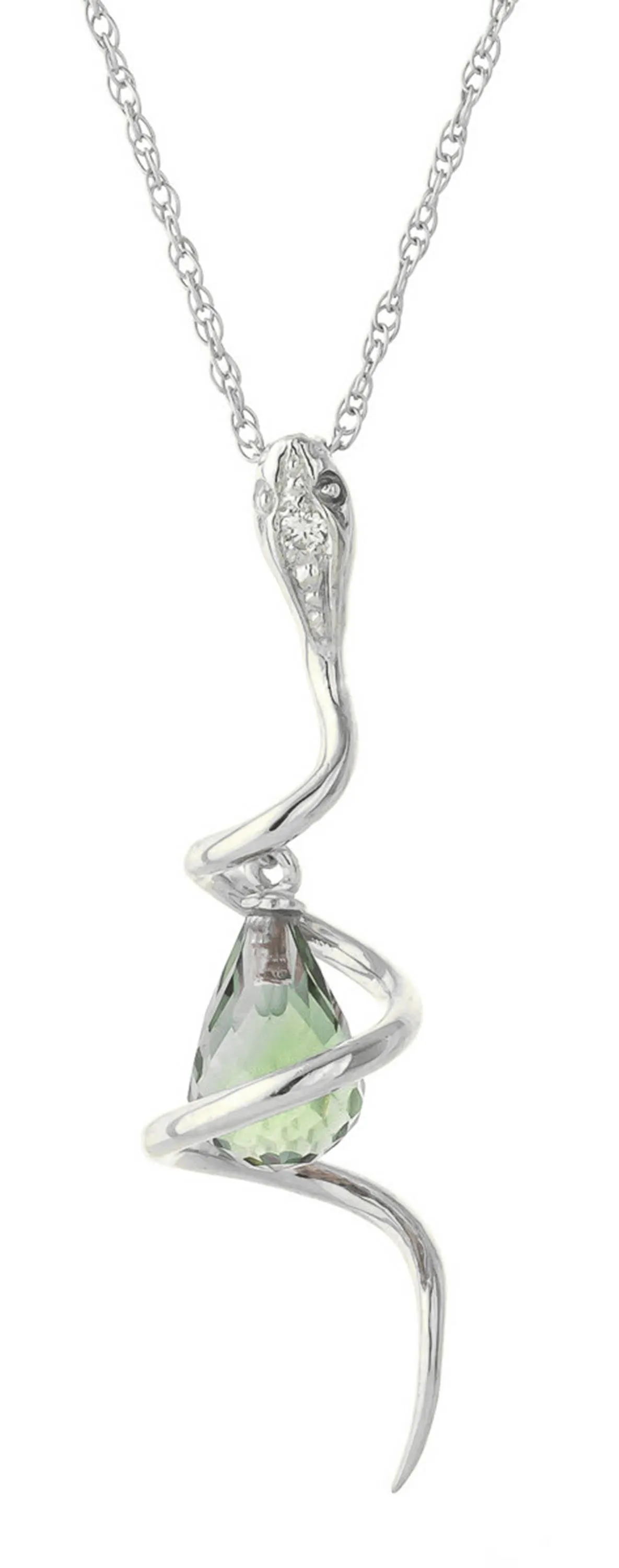 14K Solid White Gold Snake Necklace w/ Dangling Briolette Green Amethyst & Diamond