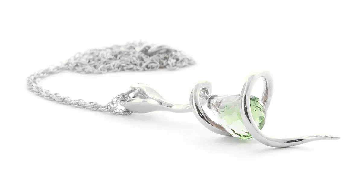 14K Solid White Gold Snake Necklace w/ Dangling Briolette Green Amethyst & Diamond