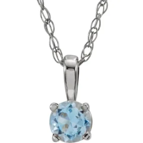 14K White 3 mm Natural Aquamarine Youth Solitaire 14" Necklace