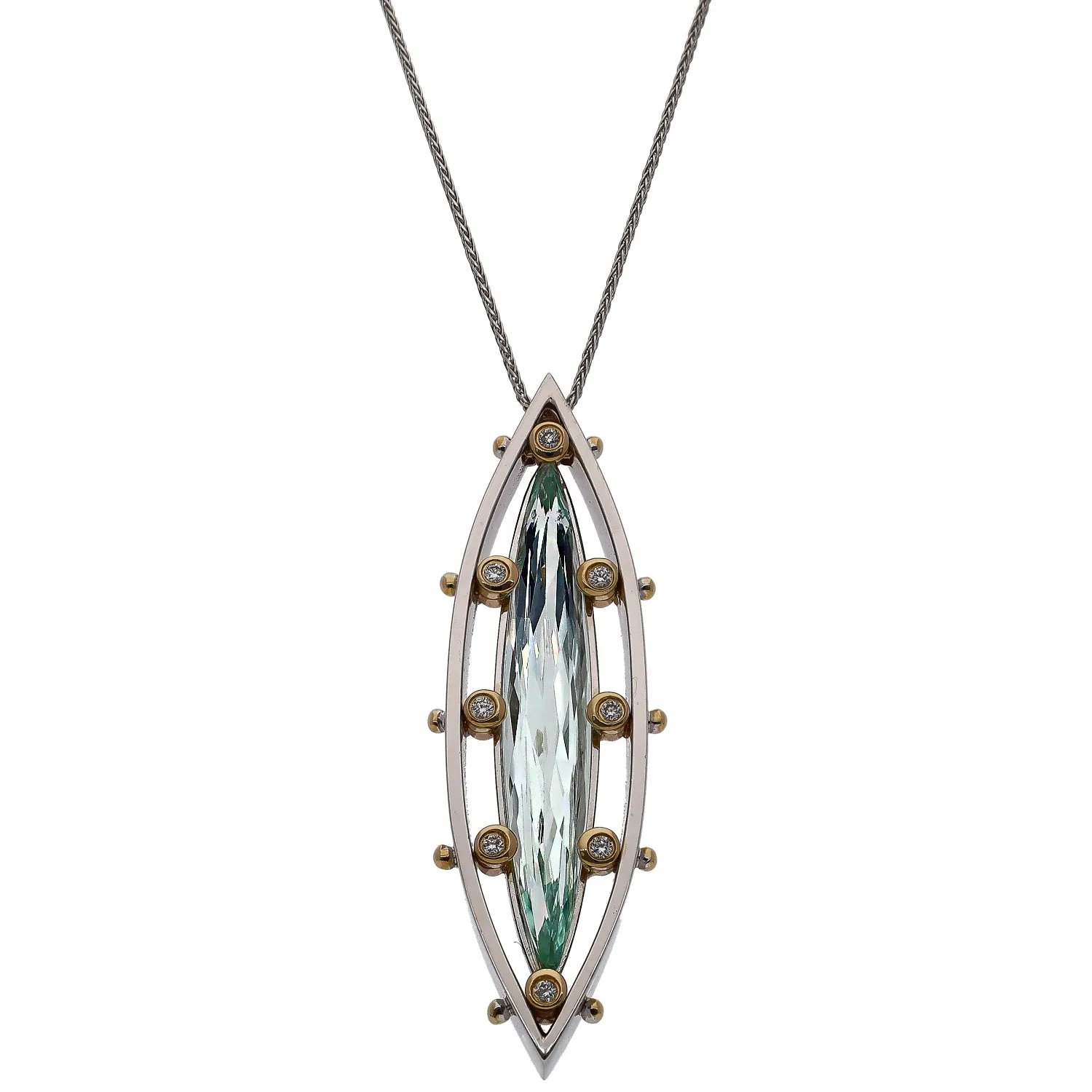 14K White and Yellow Gold Aquamarine and Diamond Custom Design Pendant Necklace