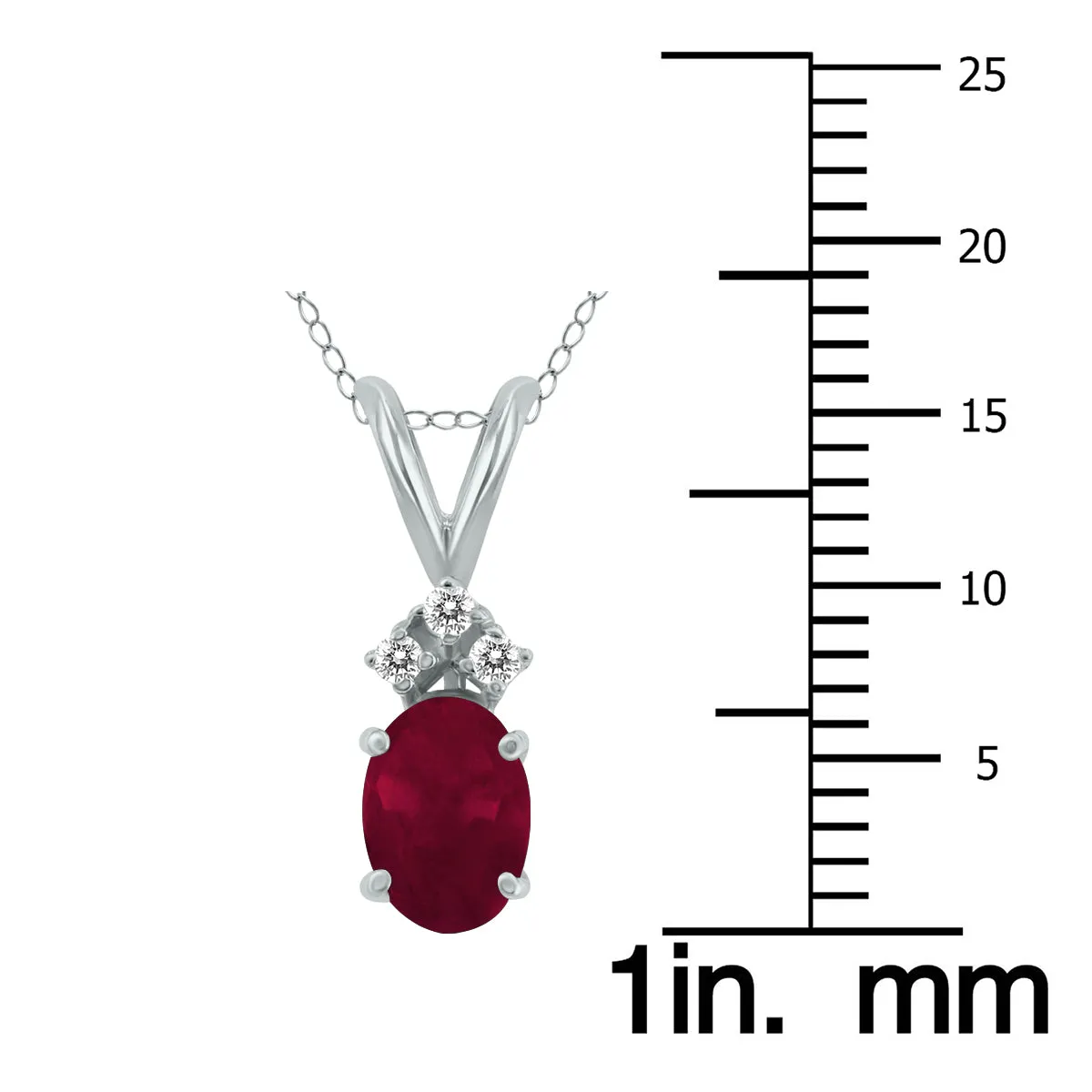 14K White Gold 6X4Mm Genuine Oval Ruby And Three Stone Diamond Pendant