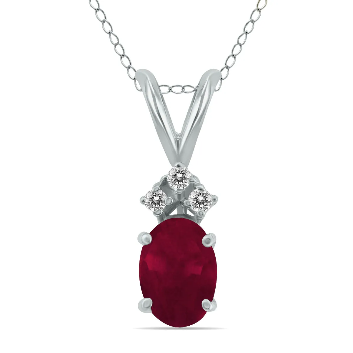 14K White Gold 6X4Mm Genuine Oval Ruby And Three Stone Diamond Pendant