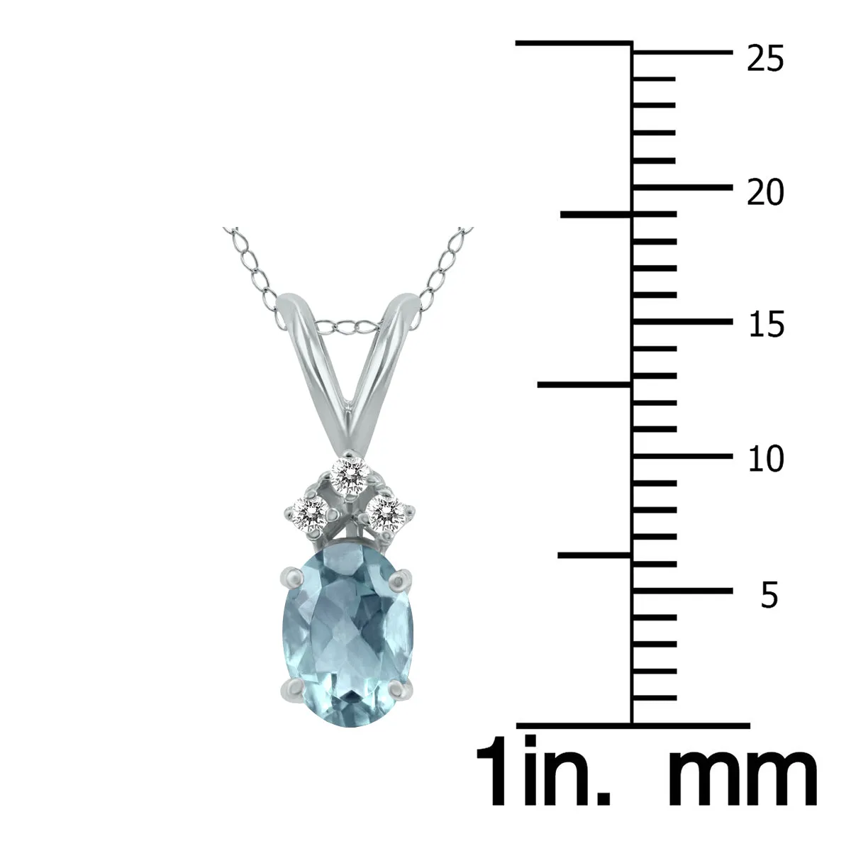 14K White Gold 6X4Mm Oval Aquamarine And Three Stone Diamond Pendant