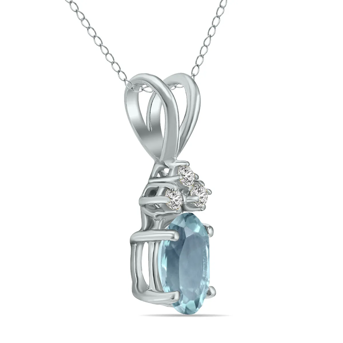 14K White Gold 6X4Mm Oval Aquamarine And Three Stone Diamond Pendant