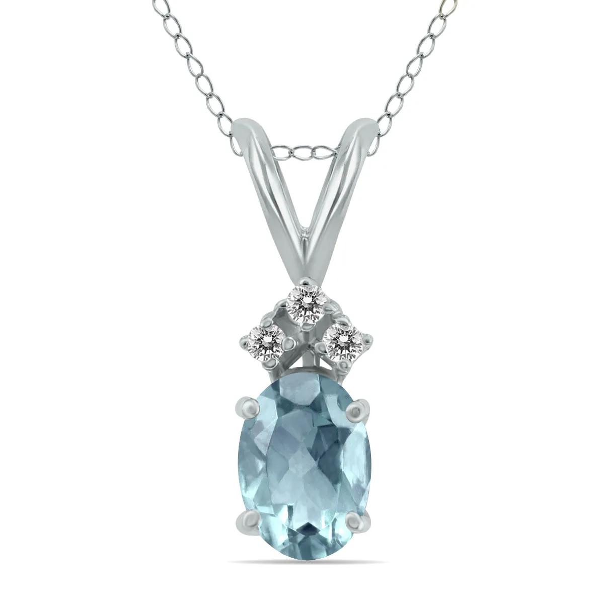 14K White Gold 6X4Mm Oval Aquamarine And Three Stone Diamond Pendant