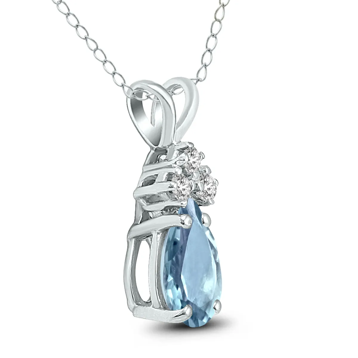 14K White Gold 6X4Mm Pear Aquamarine And Three Stone Diamond Pendant