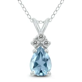 14K White Gold 6X4Mm Pear Aquamarine And Three Stone Diamond Pendant