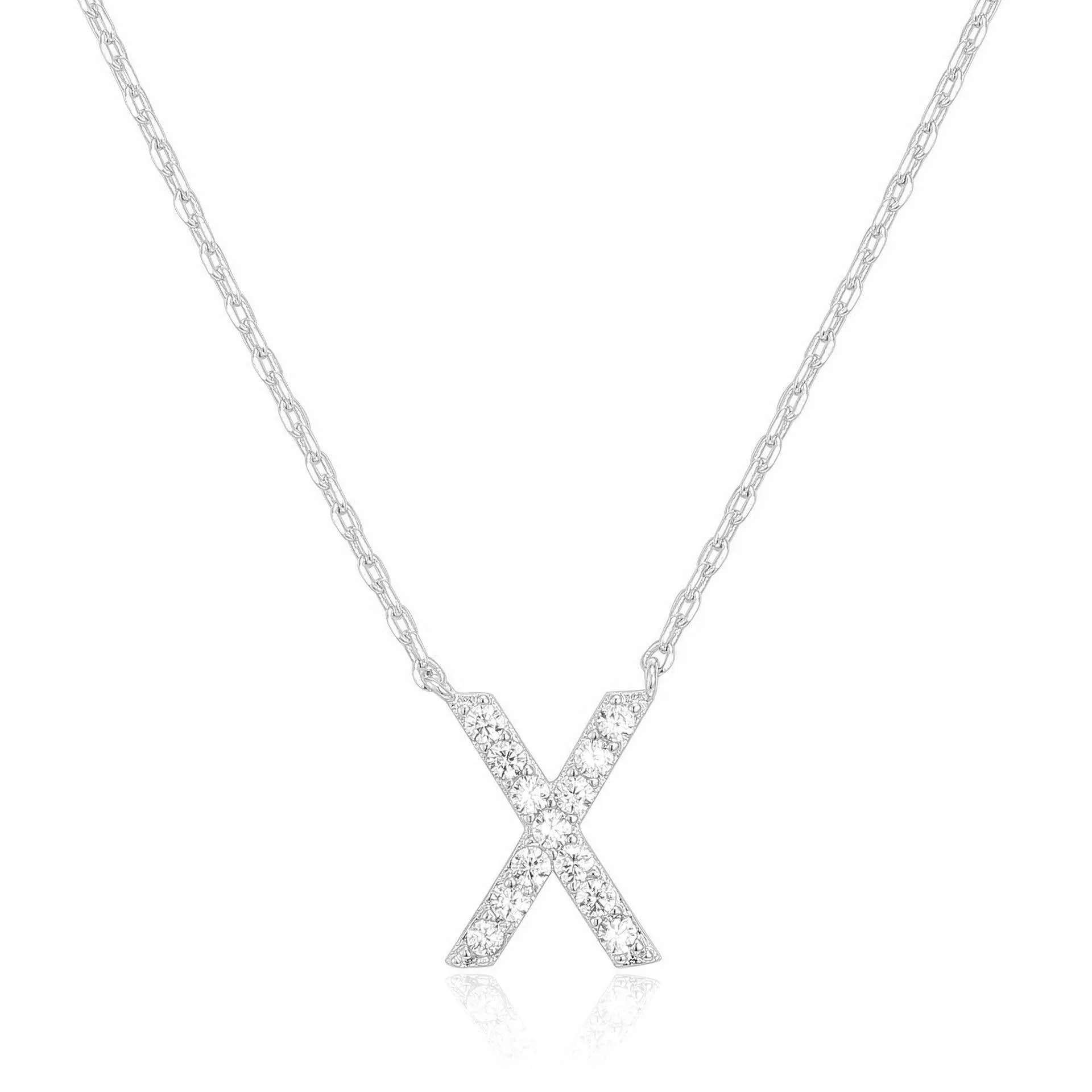 14k White Gold Created White Sapphire Initial X Letter Pendant Necklace Plated