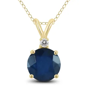 14K Yellow Gold 5Mm Round Sapphire And Diamond Pendant