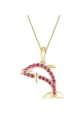 14k Yellow Gold Dolphin Pendant with Diamond and Hot Pink Sapphires