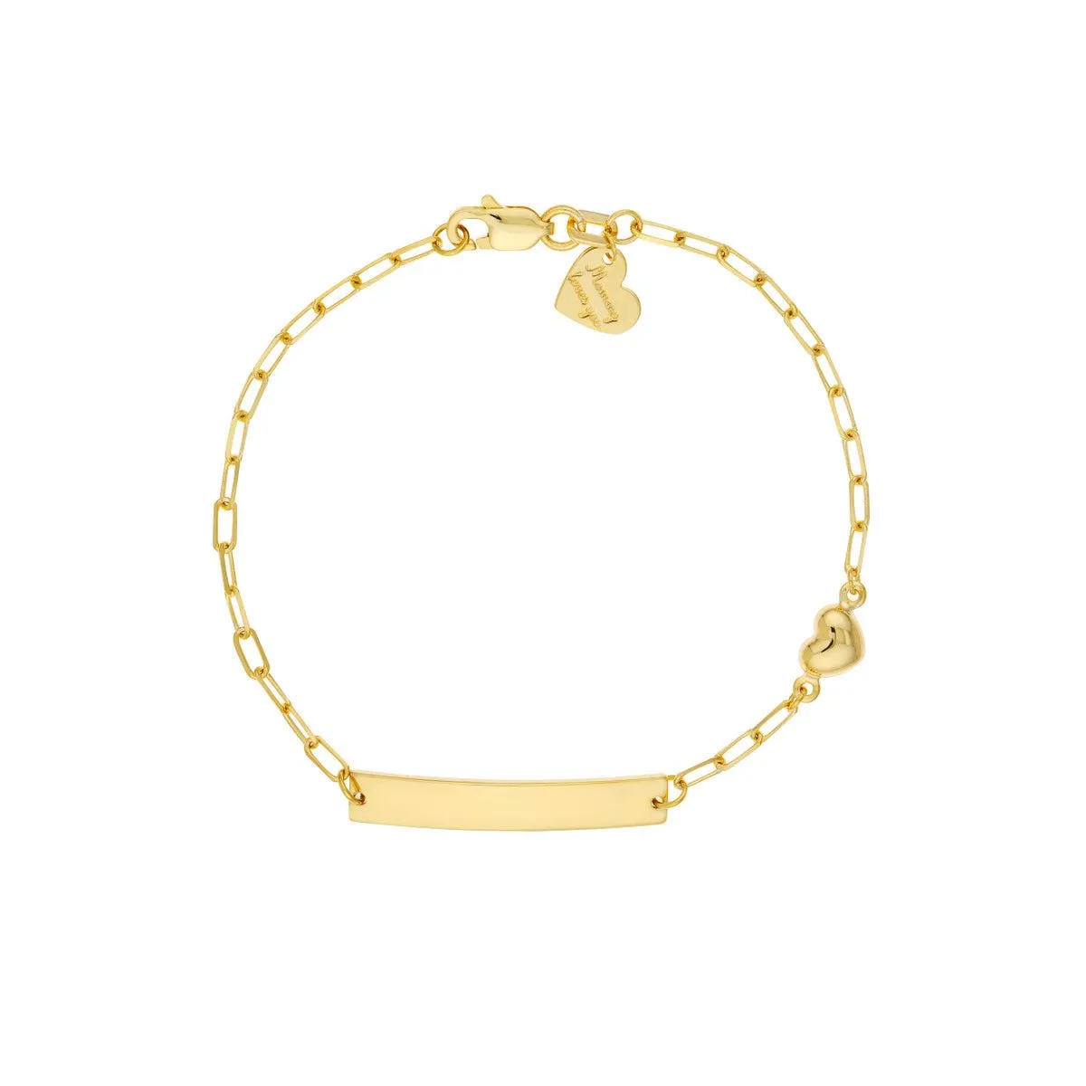 14K Yellow Gold Kid's Paper Clip Chain ID Bracelet with Heart