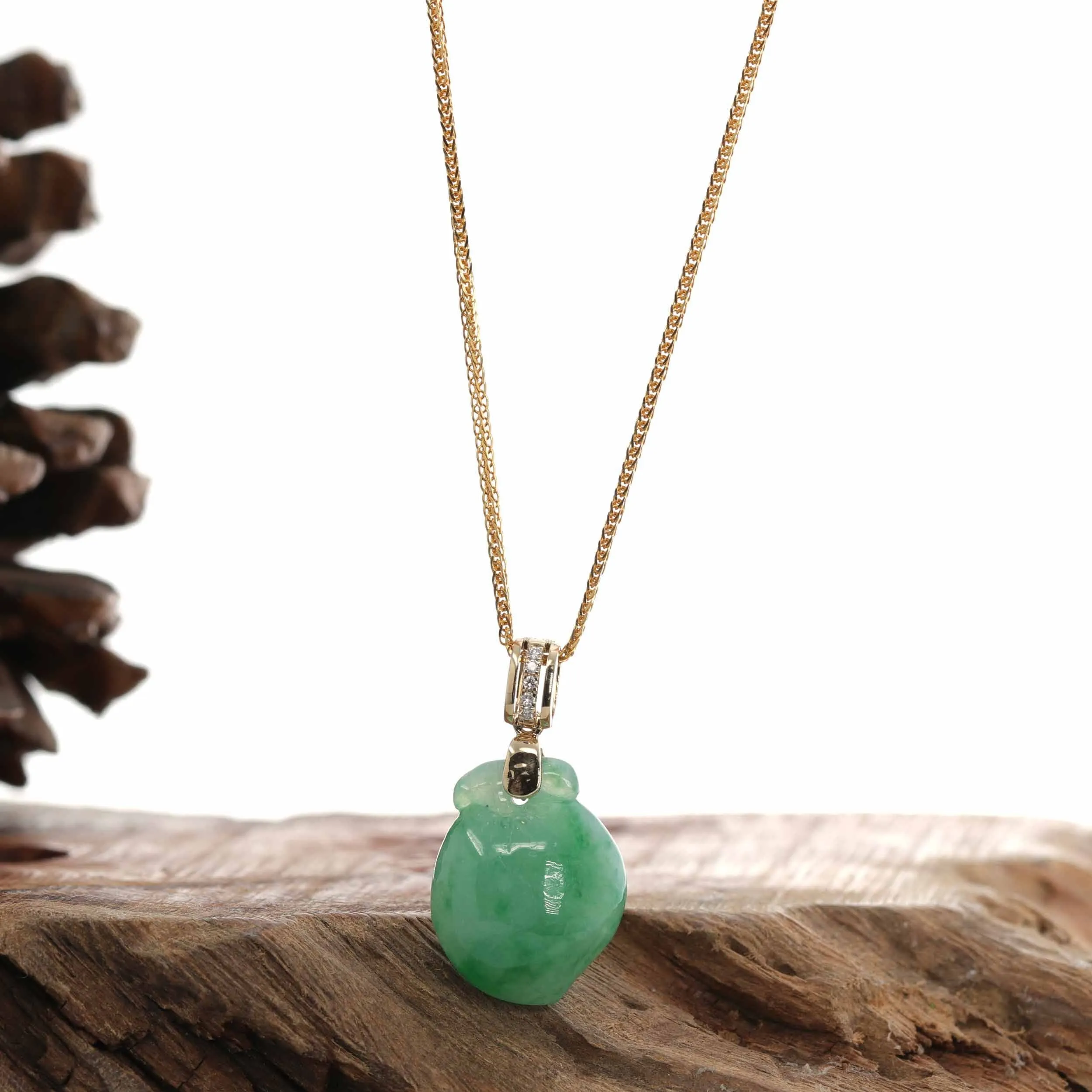 14k Yellow Gold Natural Jadeite Jade "Longevity Peach" Shou Tao Necklace