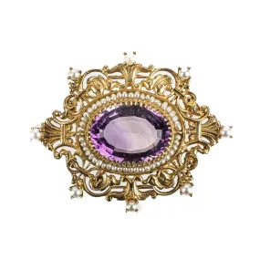 14K Yellow Gold Oval Amethyst Pearl Brooch