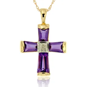 14K Yellow Gold Purple Amethyst and Diamond Gemstone Cross February Birthstone Pendant, 16" Chain.