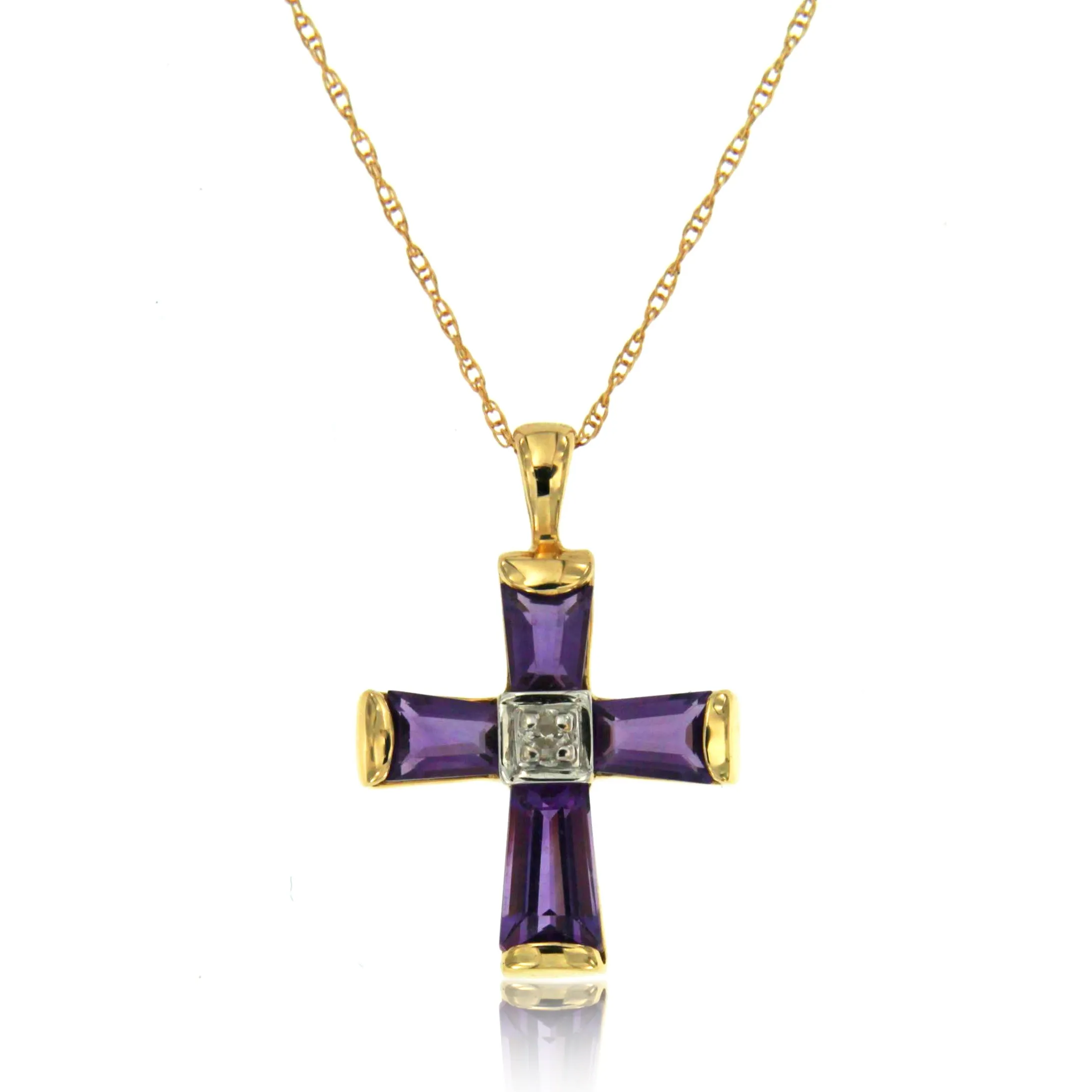 14K Yellow Gold Purple Amethyst and Diamond Gemstone Cross February Birthstone Pendant, 16" Chain.