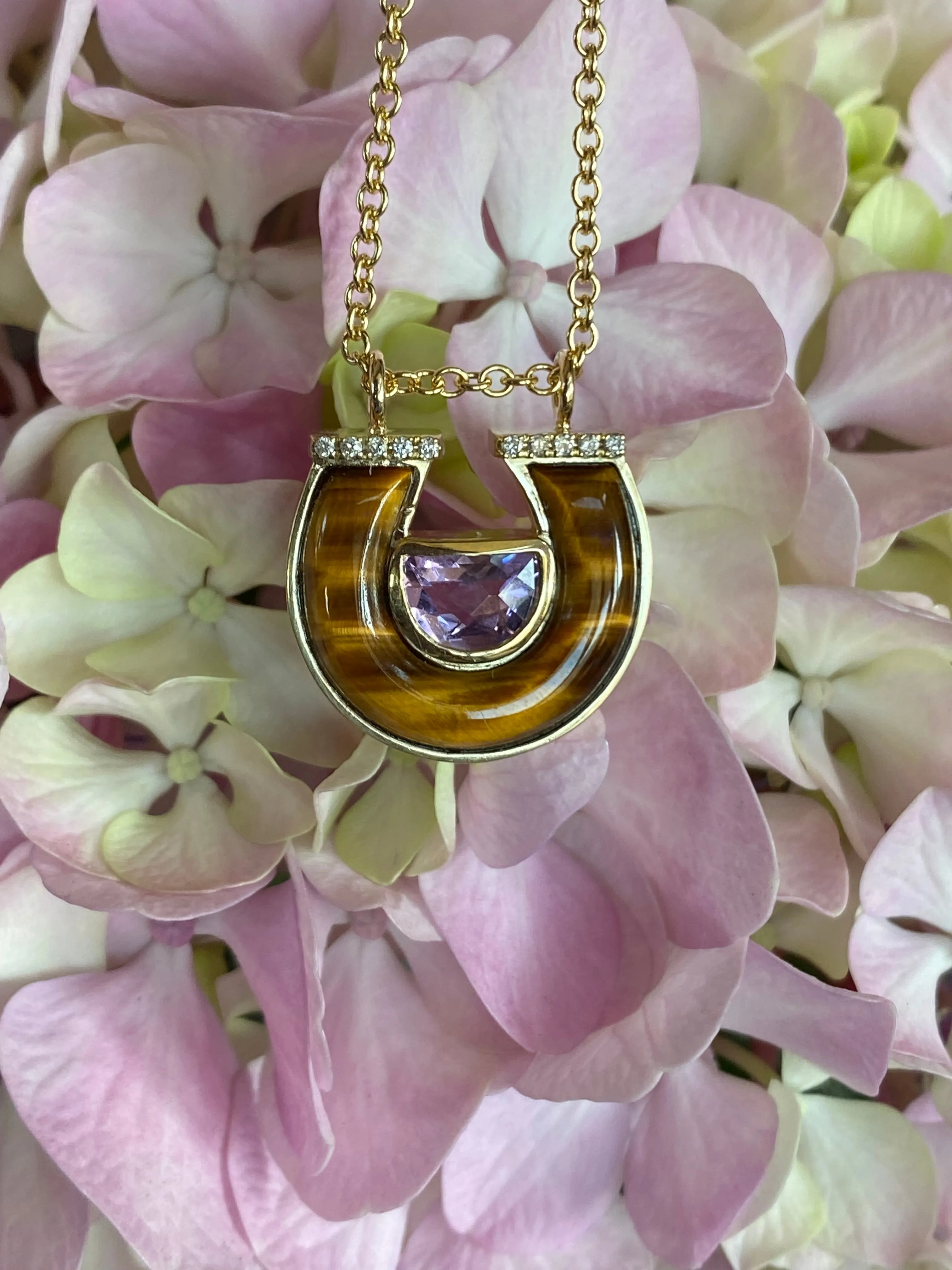 14K YG Amethyst, Tiger's Eye and Diamond Horseshoe Necklace