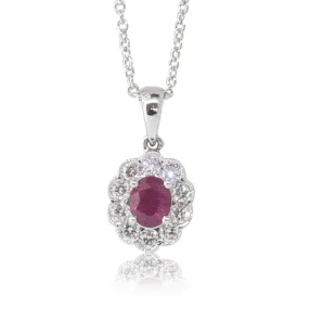 18ct White Gold Ruby & Diamond Halo Pendant