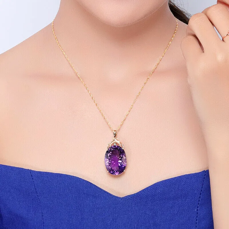 18k Gold Plated 36 CT Amethyst Color Oval Crystal Pendant