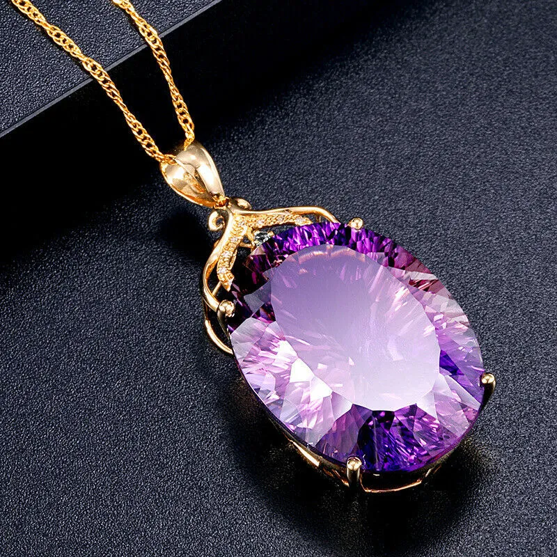 18k Gold Plated 36 CT Amethyst Color Oval Crystal Pendant