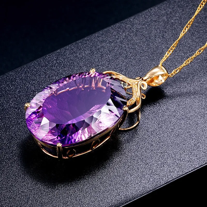 18k Gold Plated 36 CT Amethyst Color Oval Crystal Pendant