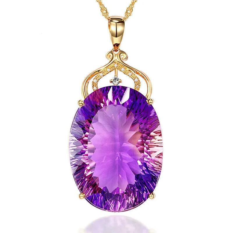 18k Gold Plated 36 CT Amethyst Color Oval Crystal Pendant