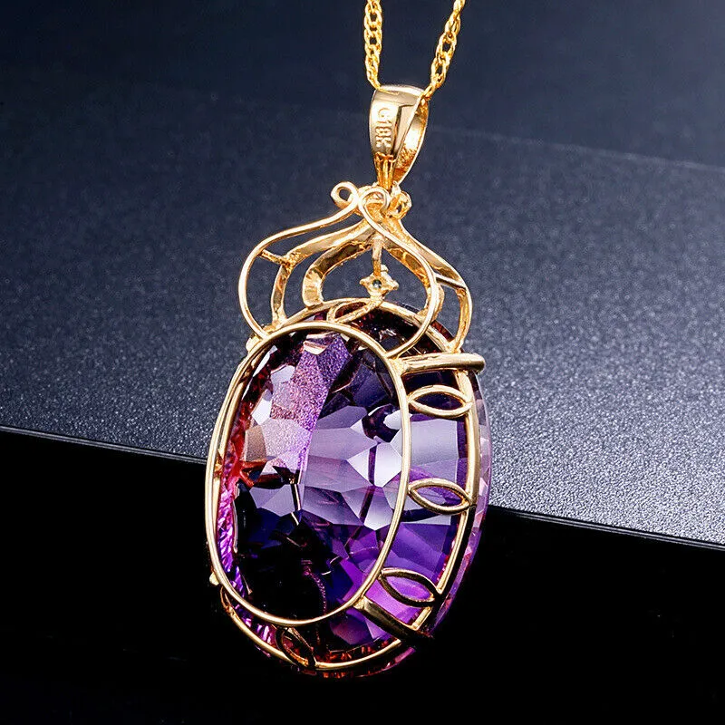 18k Gold Plated 36 CT Amethyst Color Oval Crystal Pendant