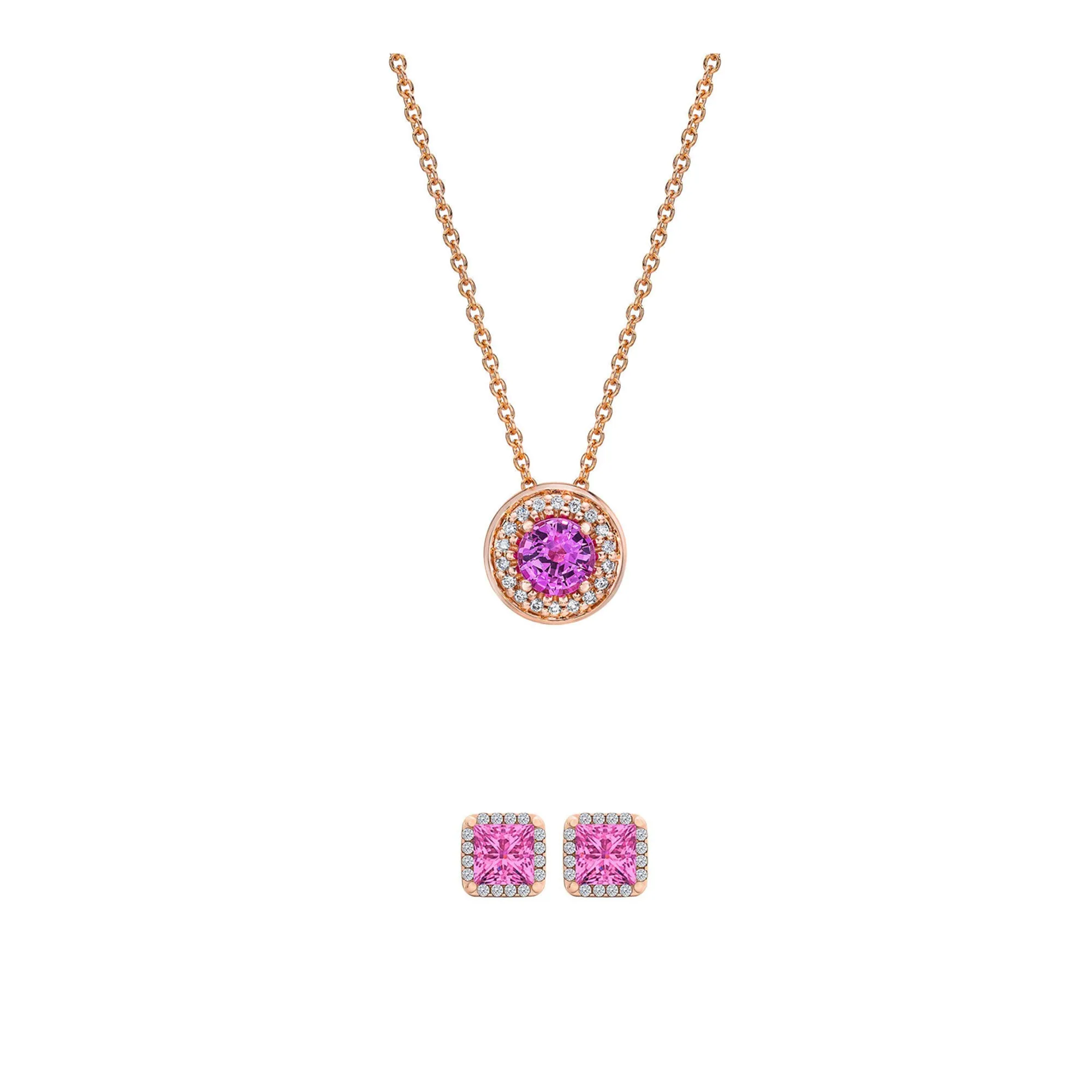 18K Rose Gold 2ct Halo Pink Sapphire Round 18 Inch Necklace and HaloSquare Earrings Set Plated