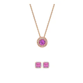 18K Rose Gold 2ct Halo Pink Sapphire Round 18 Inch Necklace and HaloSquare Earrings Set Plated