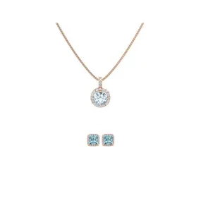 18K Rose Gold 3ct Halo Aquamarine Round 18 Inch Necklace and Halo Square Earrings Set Plated