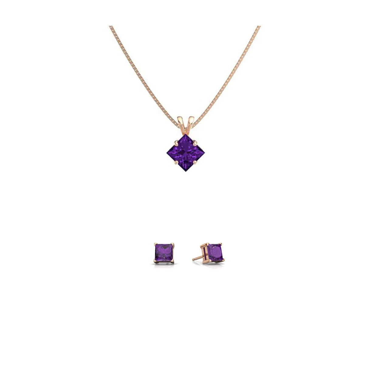 18K Rose Gold 4ct Amethyst Square 18 Inch Necklace and Earrings Set Plated