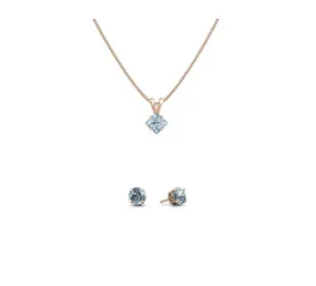 18K Rose Gold 4ct Aquamarine Square 18 Inch Necklace and Round Earrings Set Plated