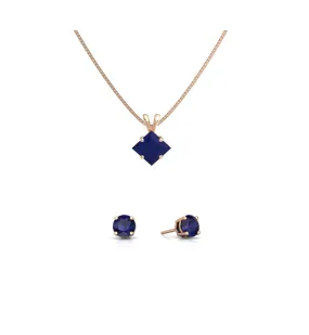 18K Rose Gold 4ct Blue Sapphire Princess Cut 18 Inch Necklace and Round Earrings Set Plated