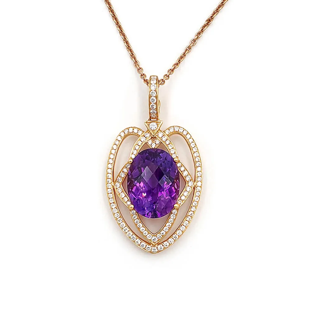 18K Rose Gold Diamond Amethyst Pendant Necklace