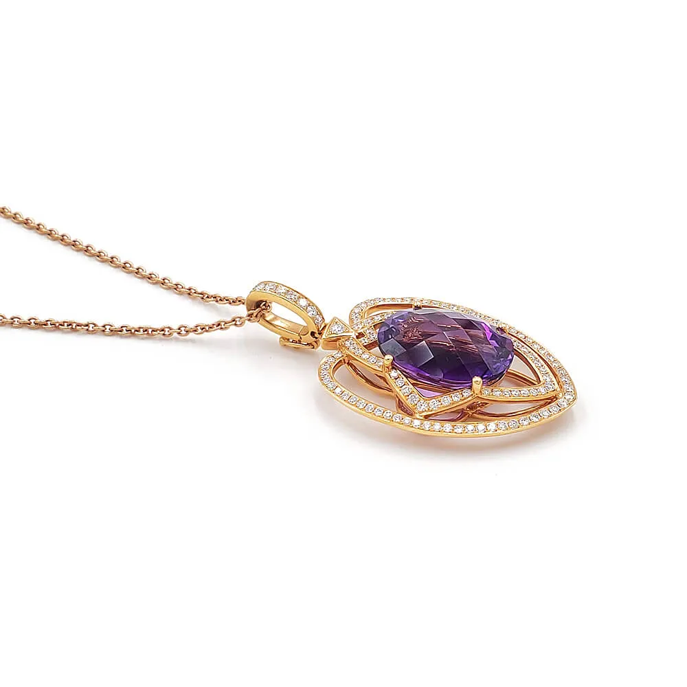 18K Rose Gold Diamond Amethyst Pendant Necklace